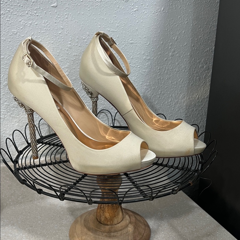 Badgley Mischka Ivory Satin Peep-Toe Ankle-Strap Heels